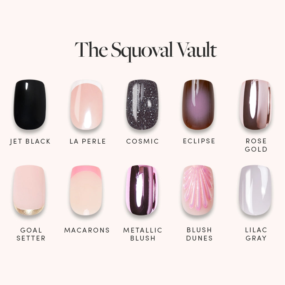 The Squoval Vault by glamnetic features ten short squoval press-on nails, each with a unique color or design: Jet Black, La Perle, Cosmic, Eclipse, Rose Gold, Goal Setter, Macarons, Metallic Blush, Blush Dunes &amp; Lilac Gray.