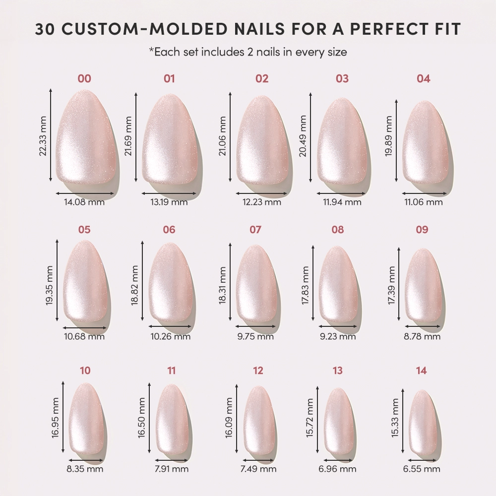 A chart displays 15 sizes of glamnetics The Vow custom-molded pink almond nails, labeled 00–14, with width and length in millimeters. Each velvet-gloss nail ensures a flawless fit across a range of dimensions. - Product image