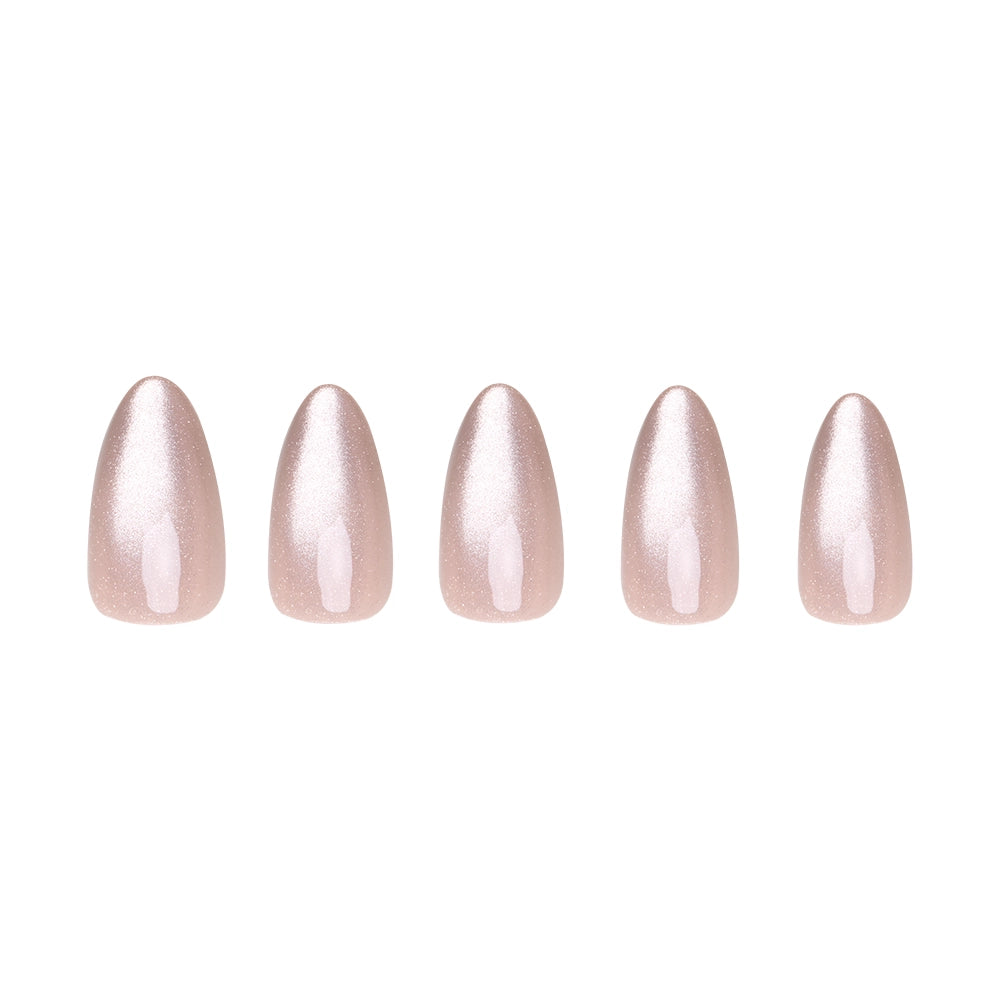 Glamnetic’s The Vow set features five artificial almond nails with a velvet-gloss finish and pale pink shimmer, elegantly displayed in a row against a white background. - Product image