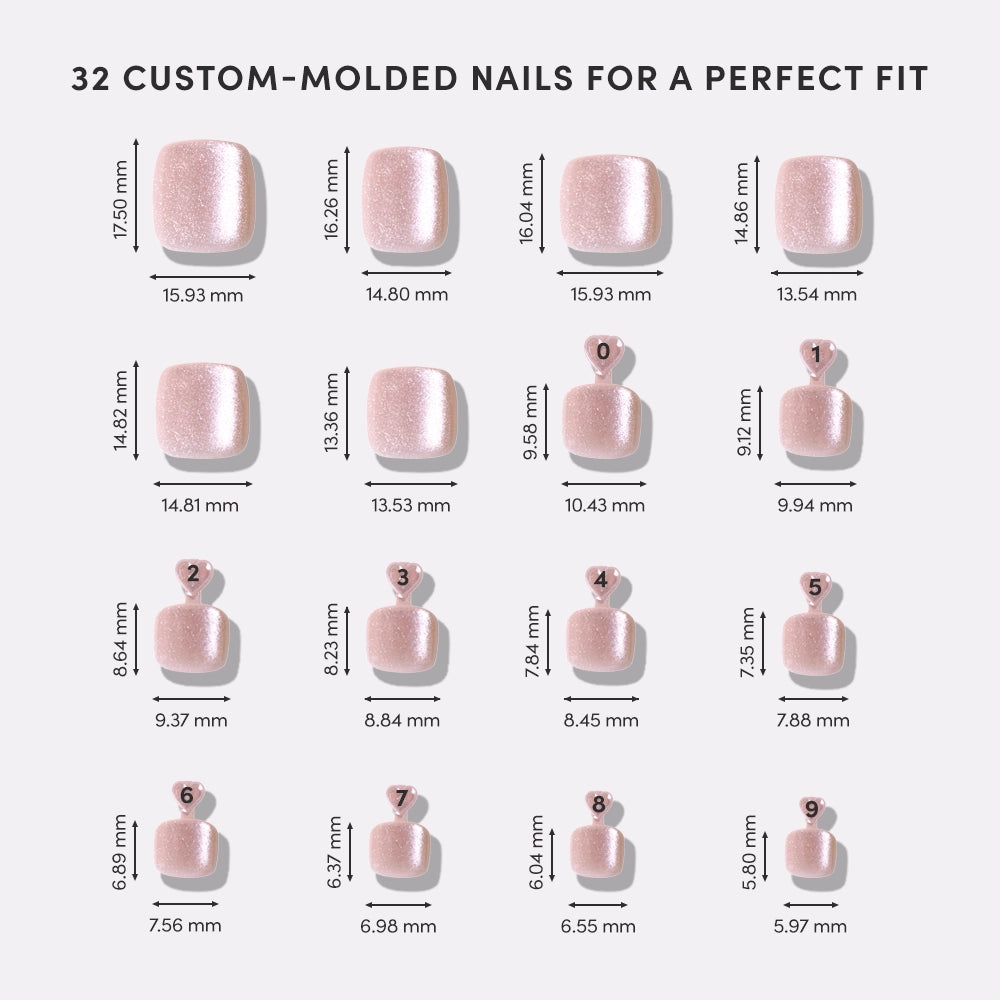 Illustration of 32 custom-molded nails with measurements on a white background - Product image