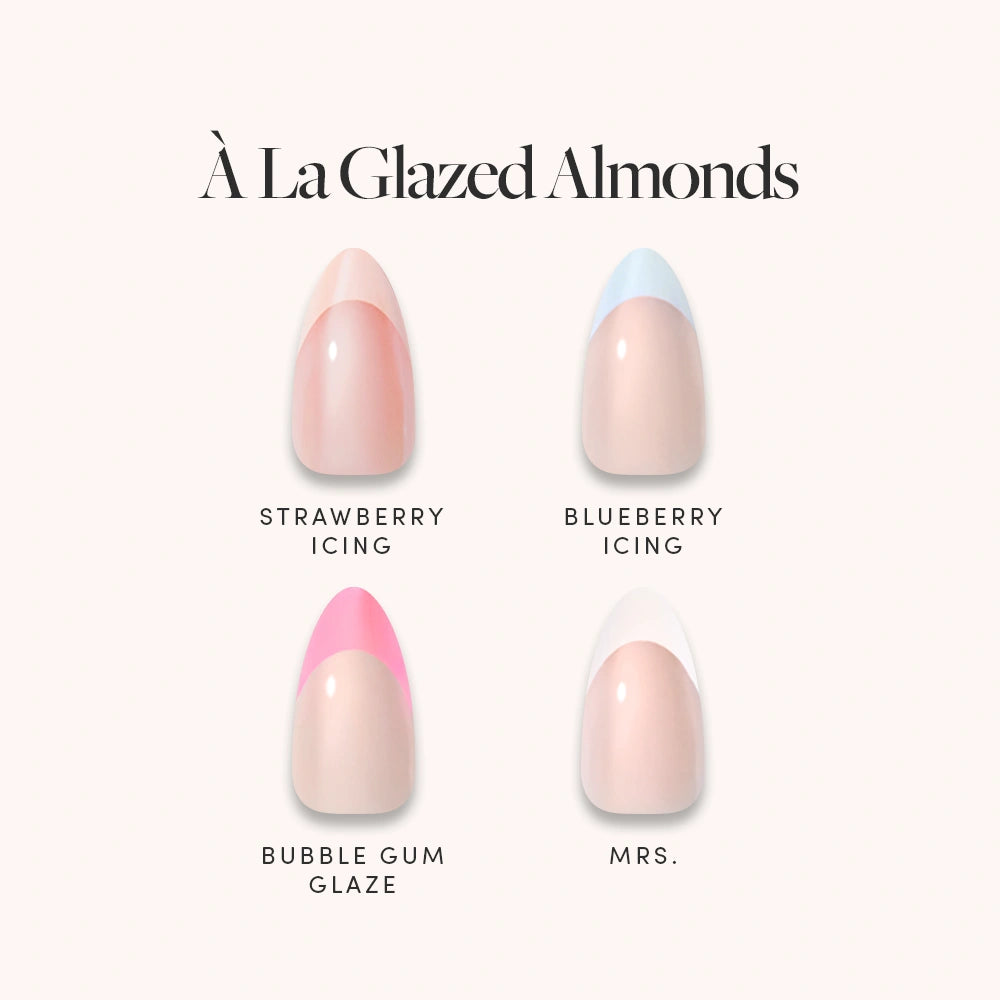 Four almond-shaped nail designs from glamnetic, labeled: Strawberry Icing (pink tip), Blueberry Icing (blue tip), Bubble Gum Glaze (bright pink tip), and Mrs. (clear and natural). The À La Glazed Almonds set features stylish glazed French tips on short almond press-on nails for an effortlessly chic look. - Product image