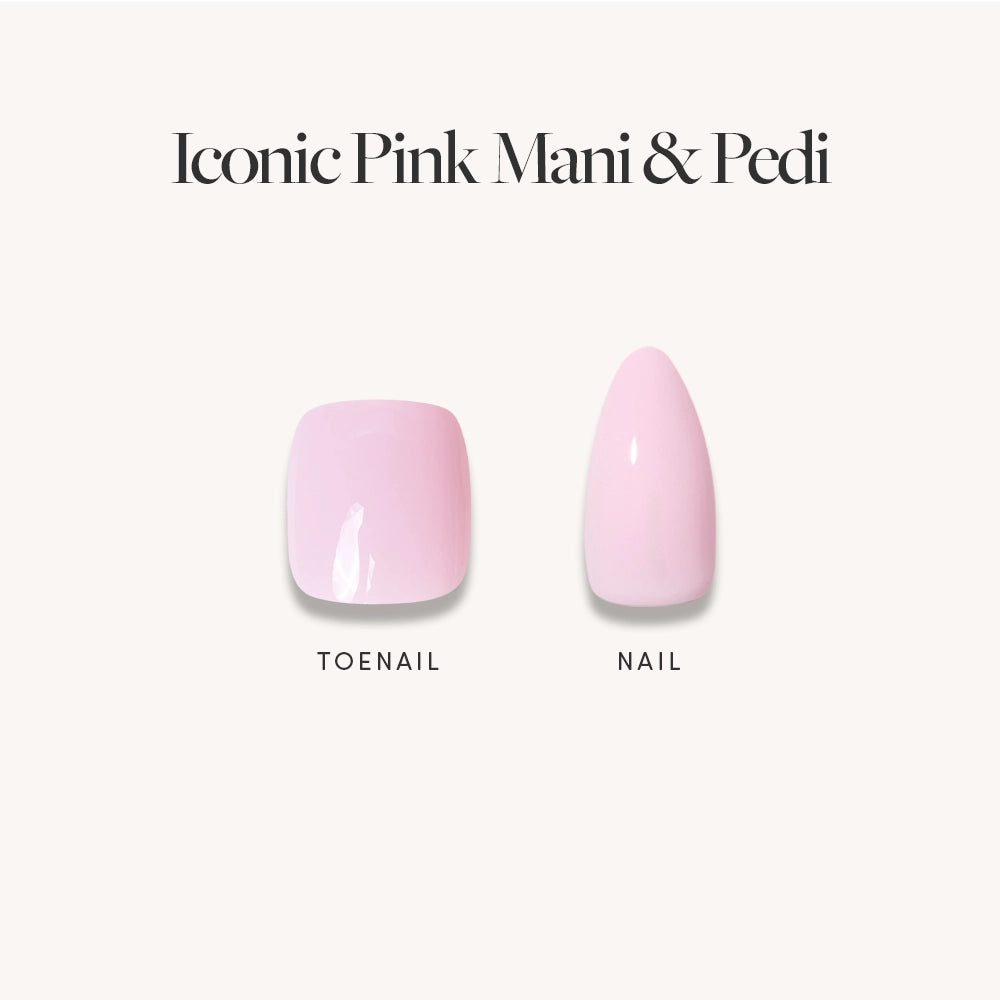 The glamnetic Glossy Blush Pink Mani & Pedi Bundles are shown side-by-side, featuring a light pink toenail and a glossy pink manicure under the text "Glossy Blush Pink Mani & Pedi".