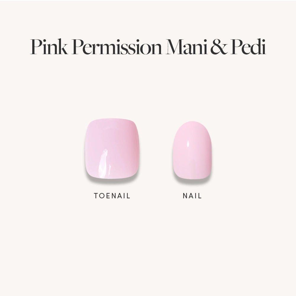 Two artificial nails from glamnetic's Glossy Blush Pink Mani & Pedi Bundles are displayed on a white background, labeled TOENAIL and NAIL, both painted in glossy blush pink for an effortlessly stylish look. - Product image