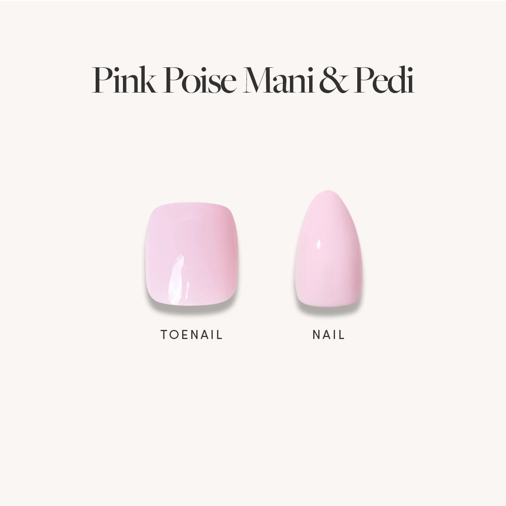 Two artificial nails rest on a light background: the left, labeled TOENAIL, is square and pale pink; the right, labeled NAIL, is almond-shaped. Text reads glamnetic Glossy Blush Pink Mani & Pedi Bundles—a chic glossy pink set. - Product image