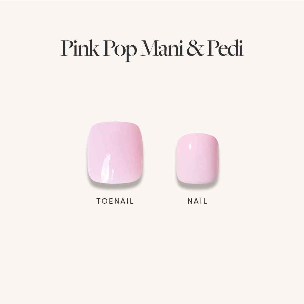 Two artificial nails—a larger "toenail" and a smaller "nail"—are displayed on a plain background, both in glossy blush pink. The text above reads: glamnetic Glossy Blush Pink Mani & Pedi Bundles—your perfect pink manicure set. - Product image
