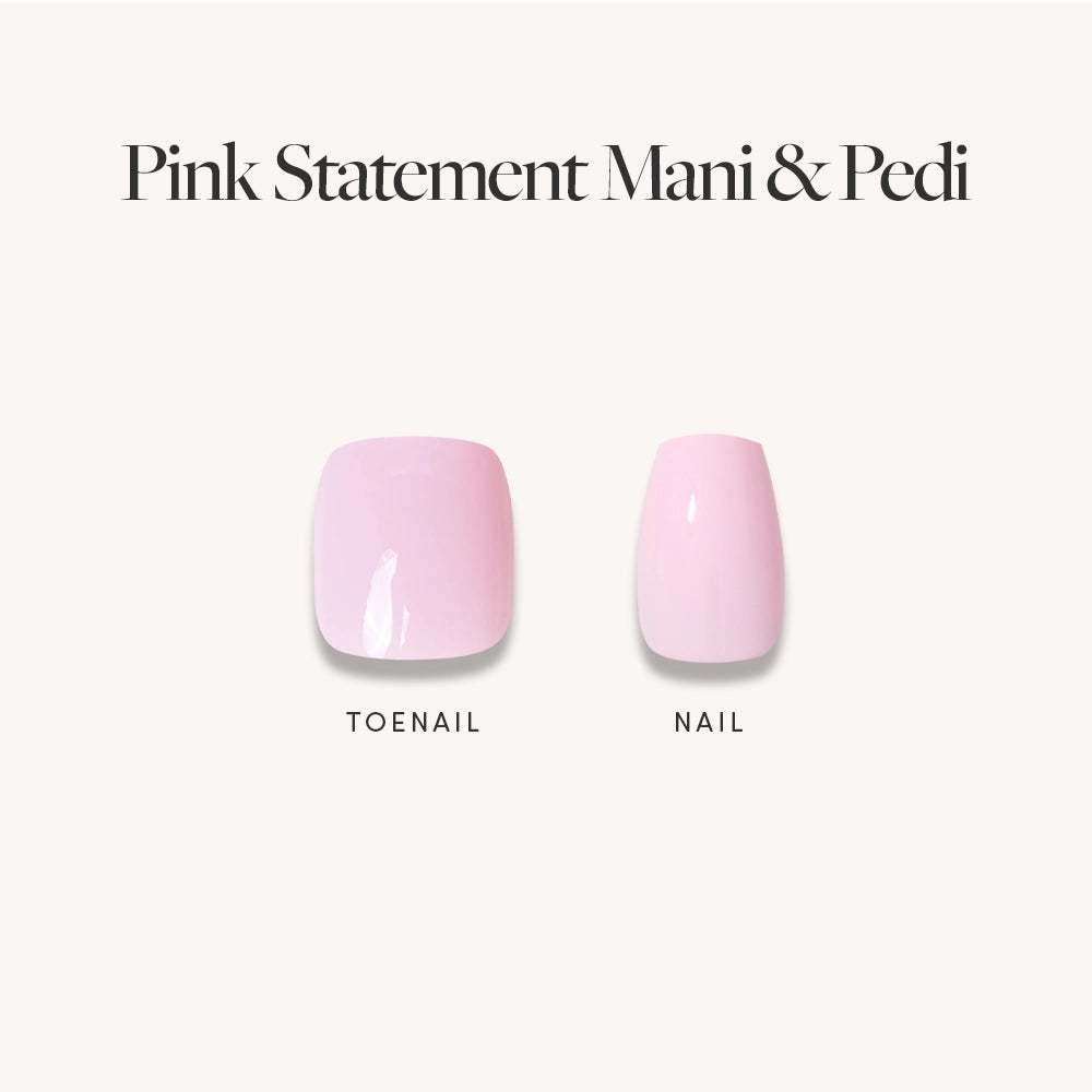 Two artificial nails by glamnetic are shown on a plain background, labeled “TOENAIL” and “NAIL,” both in glossy blush pink. Above, the text reads "Glossy Blush Pink Mani & Pedi Bundles," highlighting this chic mani pedi set. - Product image