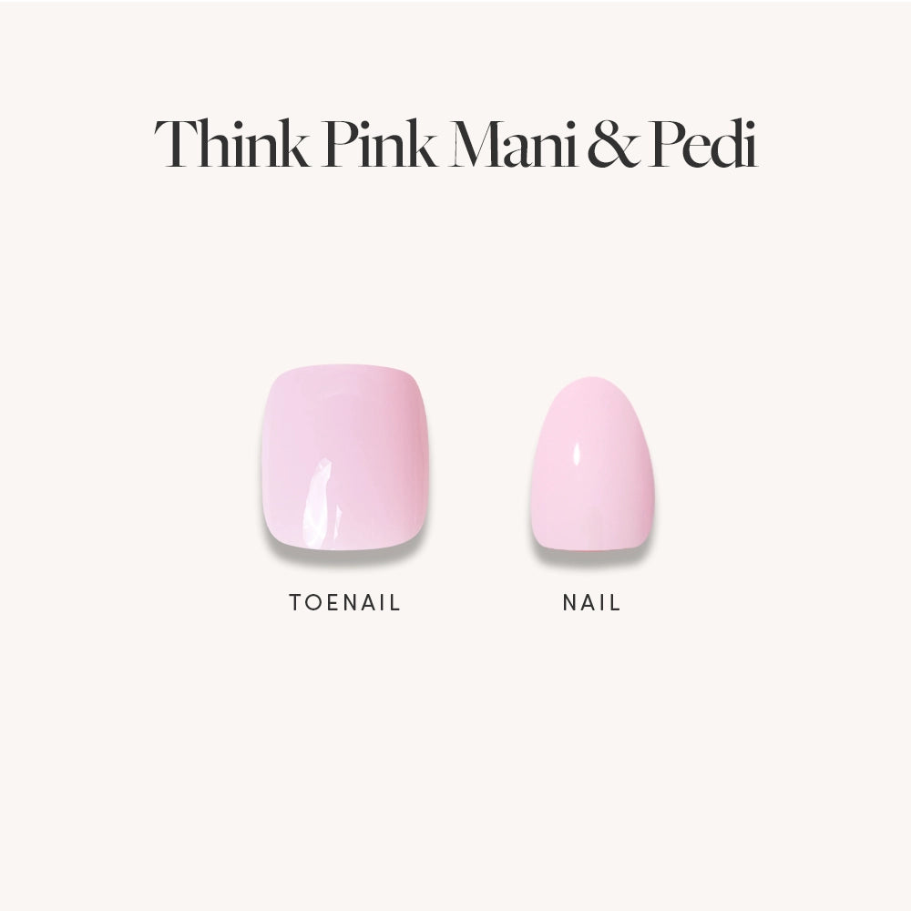 A light pink-painted toenail and fingernail sit side by side on white. Text above reads glamnetic Glossy Blush Pink Mani & Pedi Bundles, with labels TOENAIL for the square nail and NAIL for the oval nail. - Product image