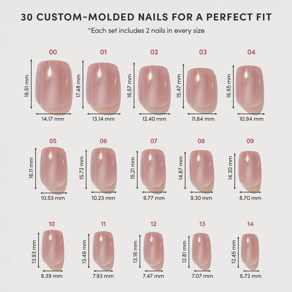A chart for glamnetic’s THRILLA IN MANILA shows 15 sizes of glossy nude custom-press-on nails, labeled 00–14. Each nail displays width and length in millimeters, ensuring a fit for various nail sizes. - Product image
