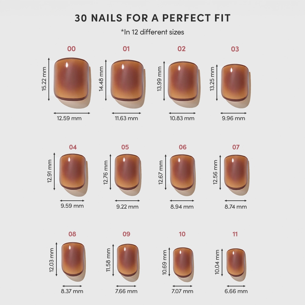 A chart displays 12 sizes of glamnetic's Tiger Eye super short press-on nails, labeled 00 to 11, each with height and width measurements in millimeters, for a salon-quality fit. - Product image