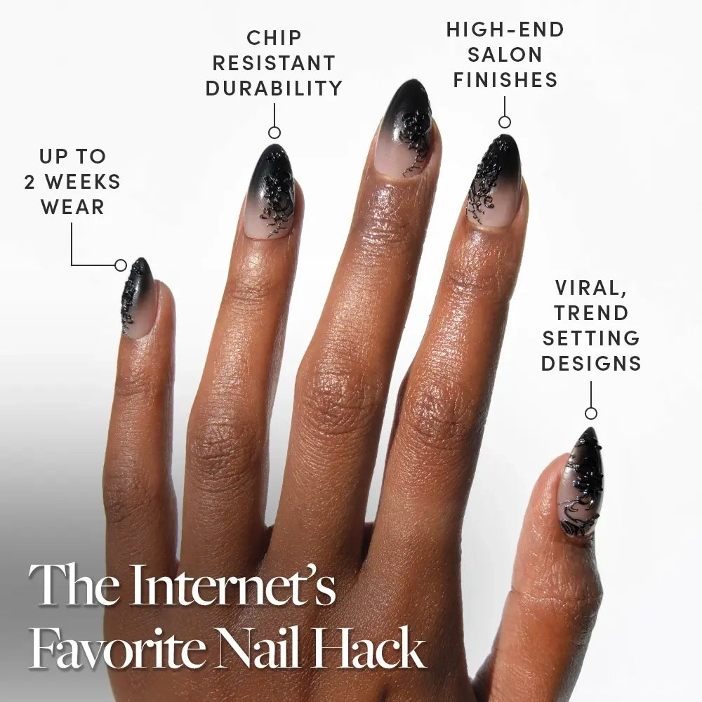 Experience viral, trend-setting style with glamnetic ‘Til Death: a long black and nude ombre glossy nail set featuring intricate black designs. Enjoy up to 2 weeks wear, chip-resistant durability, and salon-quality finishes. - Product image