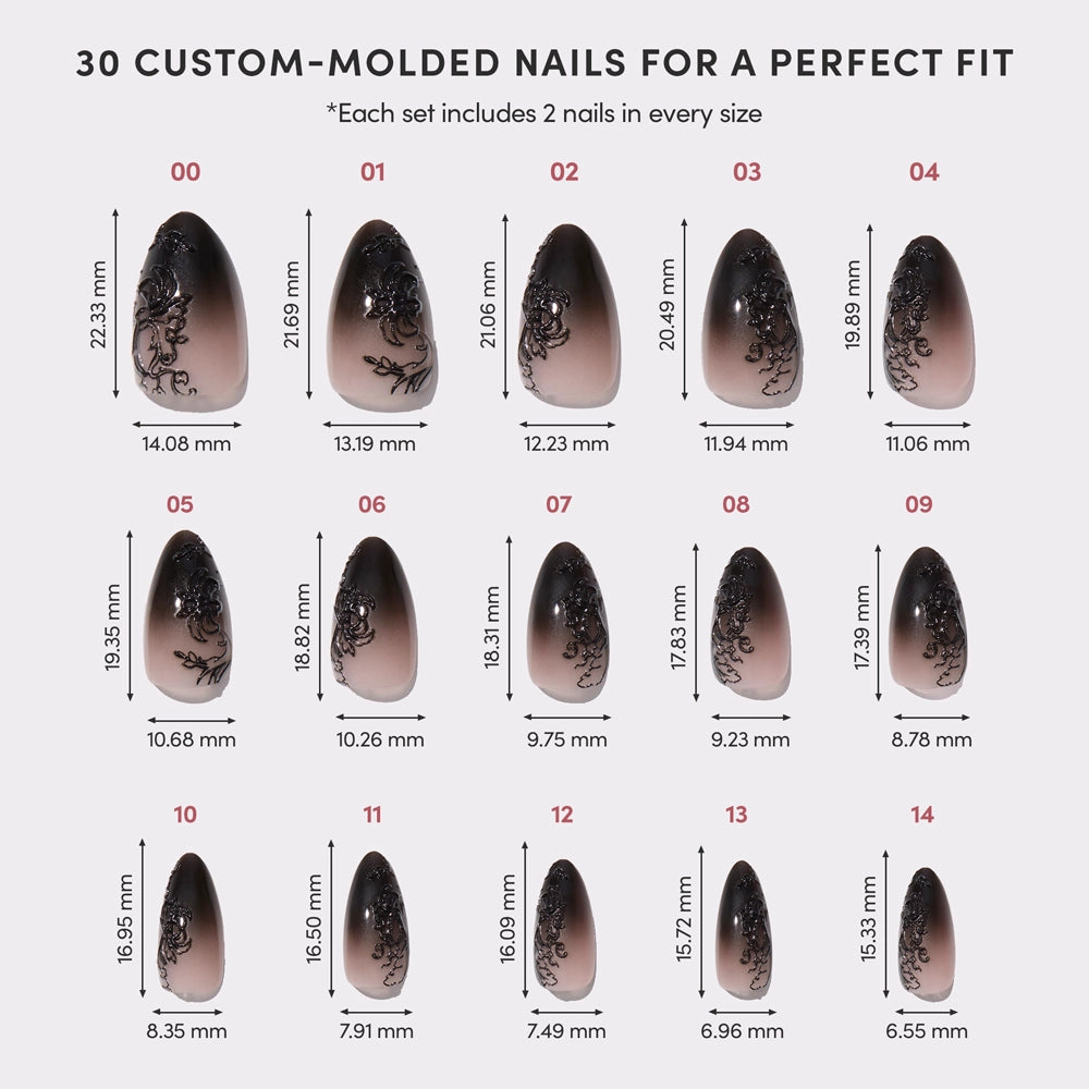 The glamnetic ‘Til Death set features 15 black almond nails in various sizes with floral, lace accents, and ombre tips. Each nail’s size in millimeters is shown. The set includes 30 custom-molded nails per box. - Product image