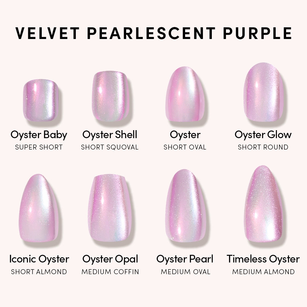 Eight glamnetic Timeless Oyster Press-On Nails in a shimmery, pearlescent purple are shown in two rows, labeled with almond, oval, round, and coffin shapes and various lengths. - Product image
