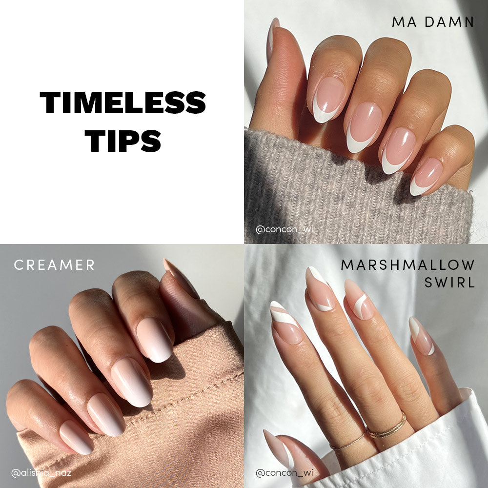 Collage of three hands showcases glamnetic’s Timeless Tips: elegant nude and white manicure styles—classic French tips, soft nude polish, and abstract Marshmallow Swirl designs. Text: TIMELESS TIPS, MA DAMN CREAMER, MARSHMALLOW SWIRL.
