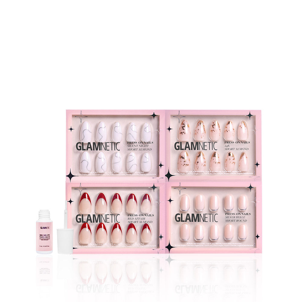 Four boxes of glamnetic Tinsel Tips press-on nails in almond shapes with semi-transparent bases are arranged in two rows, with a small nail glue bottle with a white cap to the left, all on a white background. - Product image