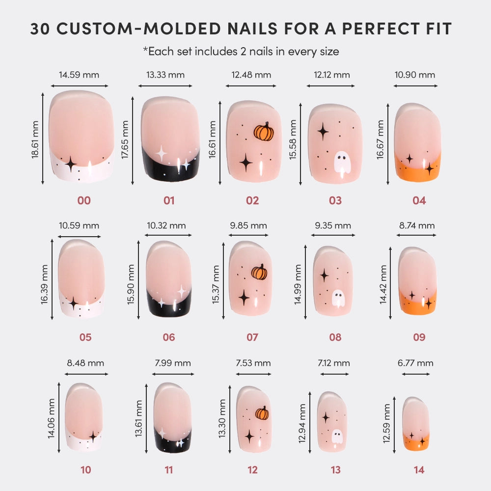 The glamnetic Tiny Pumpkin set includes 30 custom-molded Halloween nails in various sizes with ghost, pumpkin, star, and ombre designs—each nail displays width and height for a perfect spooky fit. - Product image