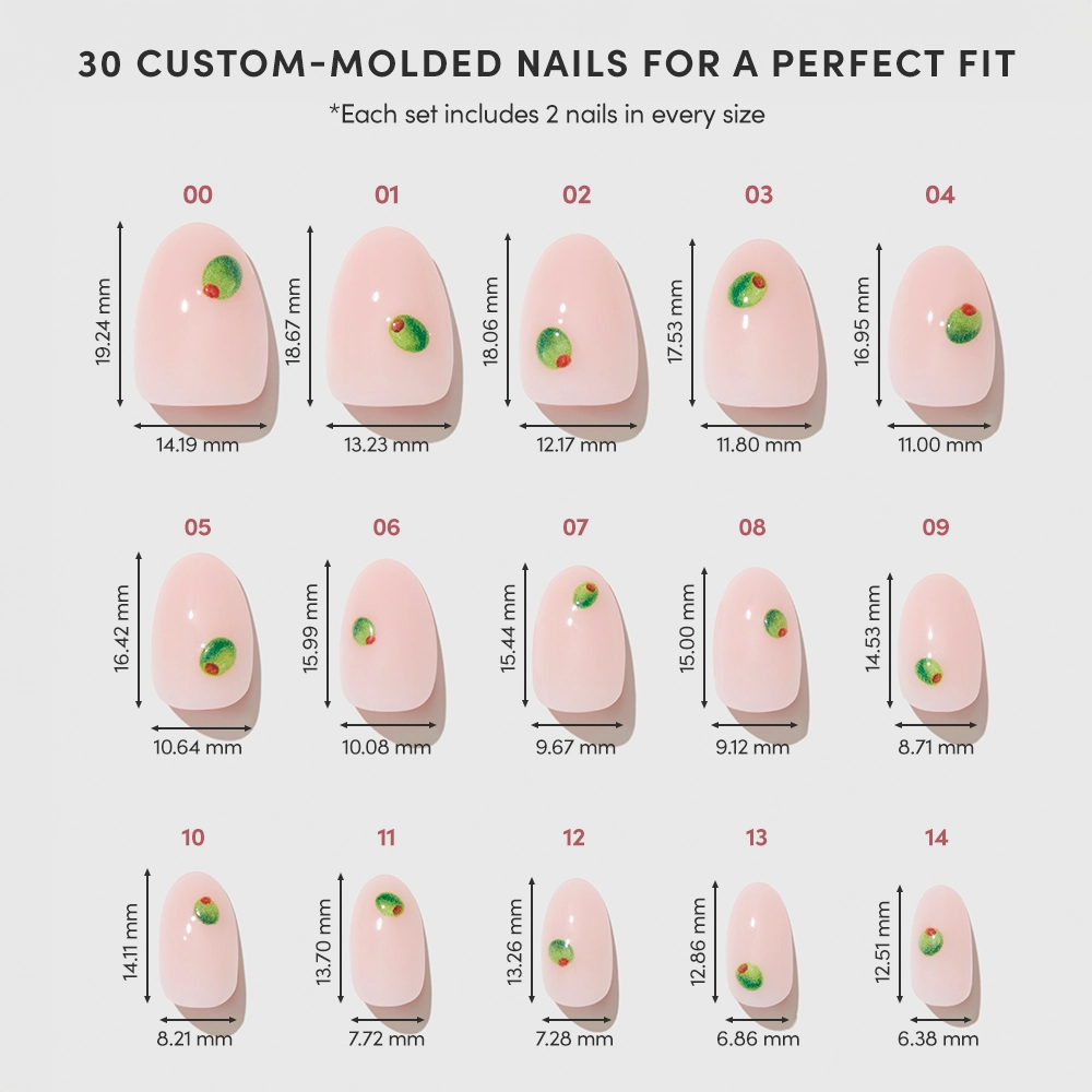 A set of 15 pairs (30 total) of glamnetic Tipsy Olive pink custom-molded press-on nails with small fruit designs, arranged by size with millimeter length and width shown below each nail. Top text: 30 Custom-Molded Nails for a Perfect Fit. - Product image