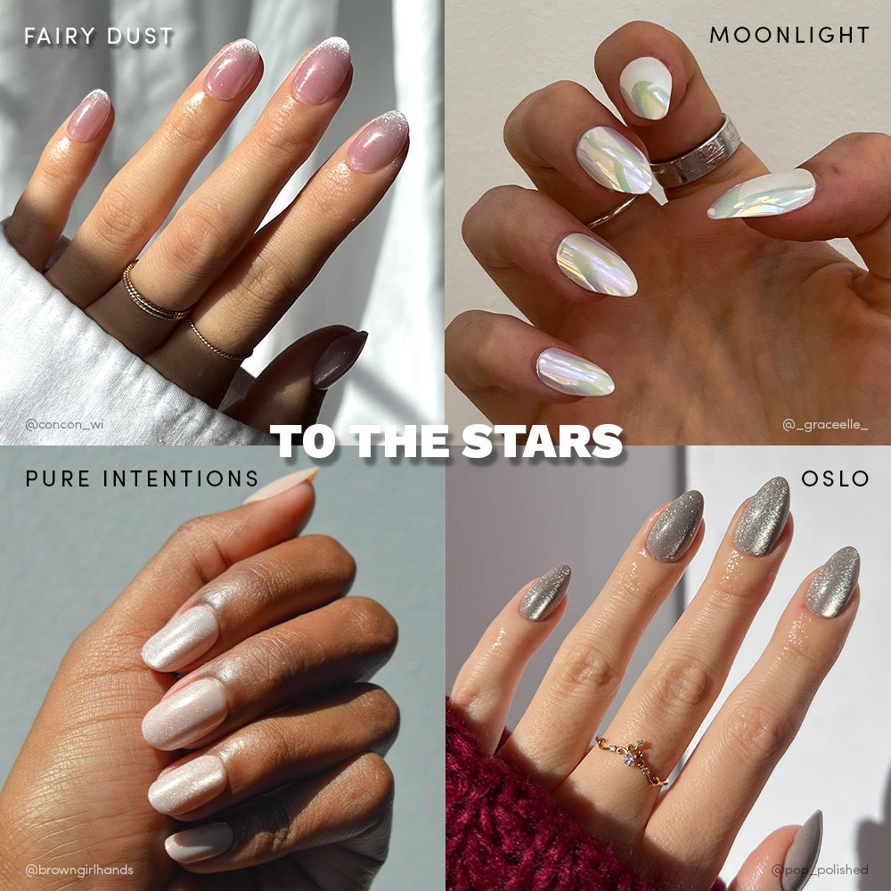 A collage shows four hands with glamnetic nail art in sheer pink (“Fairy Dust Moonlight”), soft white (“Pure Intentions”), and metallic silver (“Oslo Add Ons”). Text: “TO THE STARS.” Product: To the Stars by glamnetic.