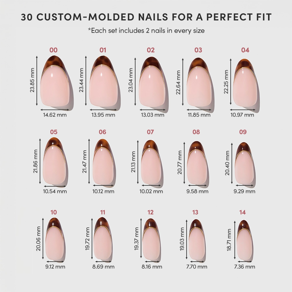A chart displays 15 sizes (00–14) of glamnetic's "Too Much" custom-molded oval press-on nails. Each pink nail has a brown tortoiseshell French tip and shows its length and width in millimeters for a precise fit. - Product image