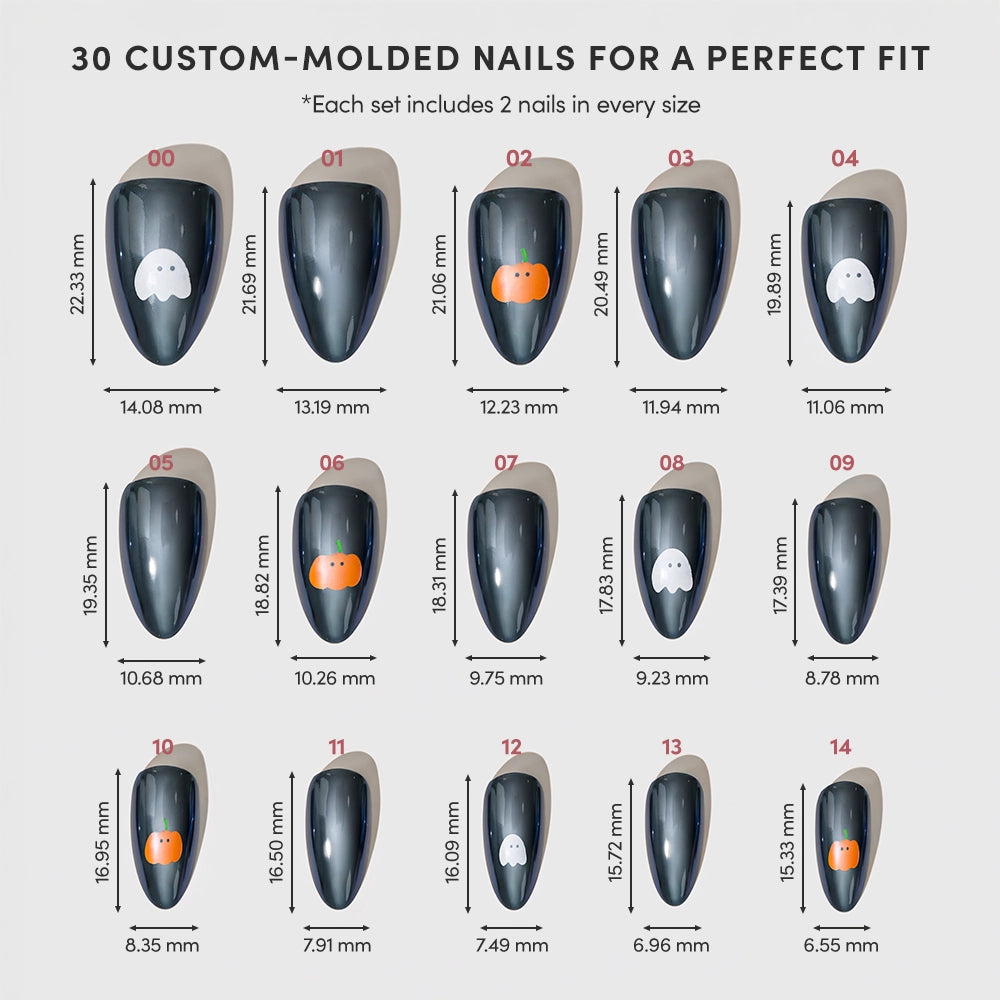 Fifteen sizes of custom-molded black Short Almond Nails with white or orange ghost designs, arranged in rows with dimensions listed for each nail. This Press-On Nail Set features a glazed finish. Text at top describes perfect fit and quantity. - Product image