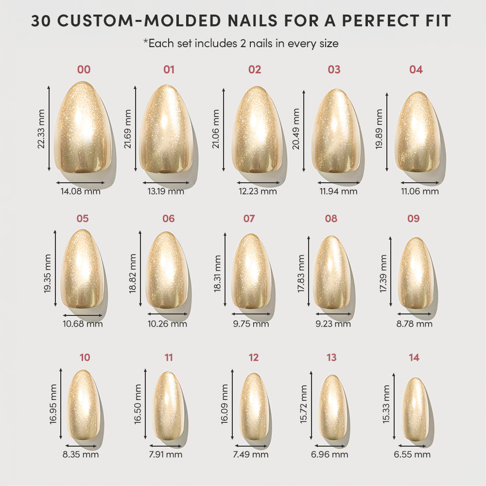 A sizing chart for Trophy Wives by glamnetic, displaying 30 gold chrome almond press-on nails arranged in three rows, each labeled with a size number and its specific length and width in millimeters. - Product image
