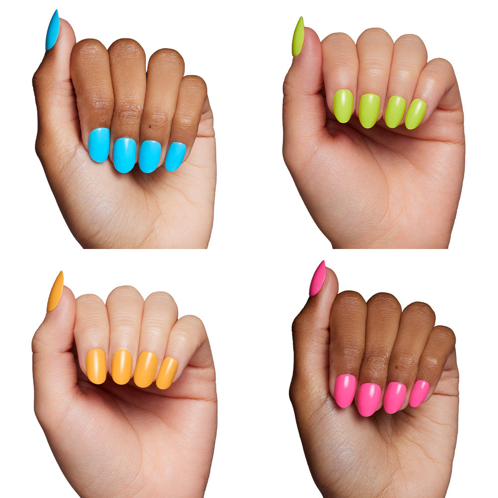 Four hands with nails painted in bold blue, green, orange, and pink shades from the glamnetic Tropic Like Its Hot set are shown against a white background. Fingers are curled in to highlight the vibrant summer nail colors. - Product image