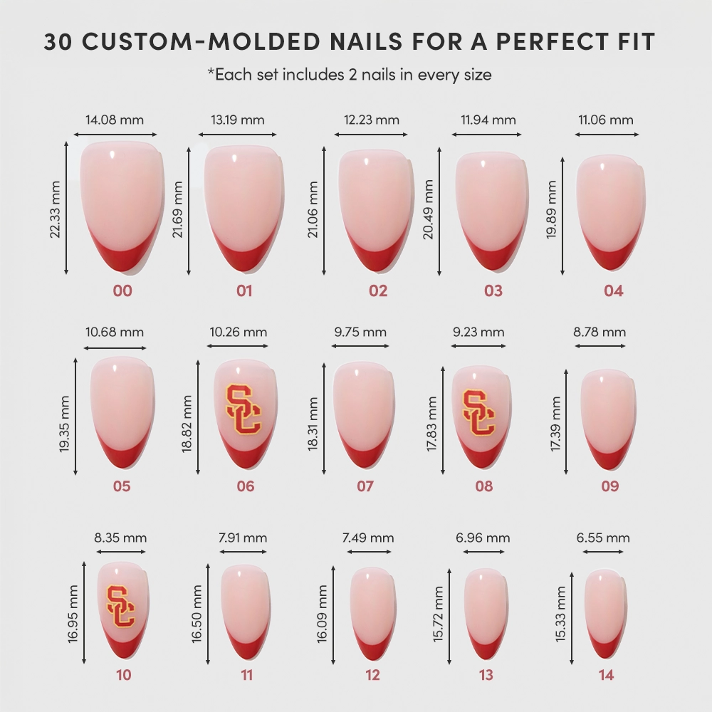 A chart shows 15 custom-molded glamnetic USC Trojans Press-On Nails in different sizes, labeled by width and length. Designs include red French tips and the USC logo. Top text reads “30 custom-molded nails for a perfect fit.”. - Product image
