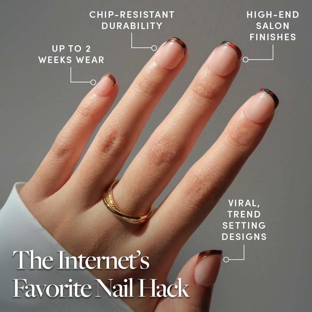 A hand with a gold ring shows super short Unbothered nails by glamnetic—nude polish, thin dark tips, and text highlighting chip-resistant durability, up to 2 weeks’ wear, salon finish, viral trendy designs. Text: The Internet’s Favorite Nail Hack. - Product image