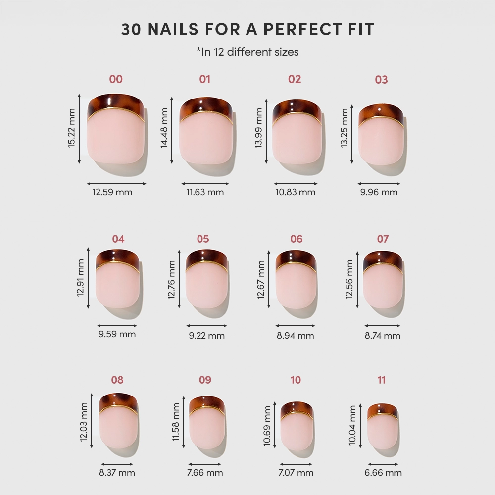 A chart displays 12 numbered sizes of glamnetic Unbothered press-on nails, each with width and length in mm, arranged in rows. At the top, it says: "30 glamnetic Unbothered nails for a perfect fit. - Product image
