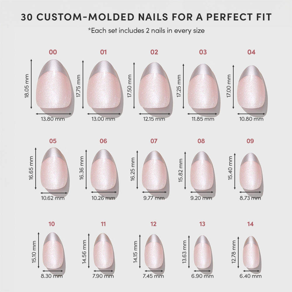 A chart displays 15 pairs of glamnetic Velvet Chrome Press On Nails, labeled sizes 00 to 14 with width and length details. These no-glue nails are arranged in rows on a white background. - Product image