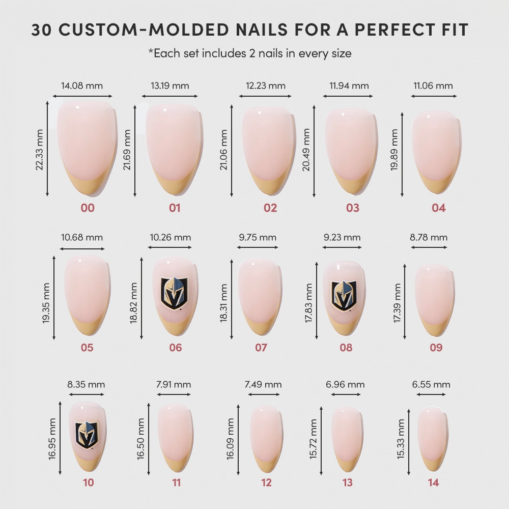 A chart displays 15 sizes of glamnetic's Vegas Golden Knights Press-On Nail Set, labeled 01–15, with each nail’s width and length in millimeters. Some official designs show a black and gold emblem on the gold-tipped surface. - Product image