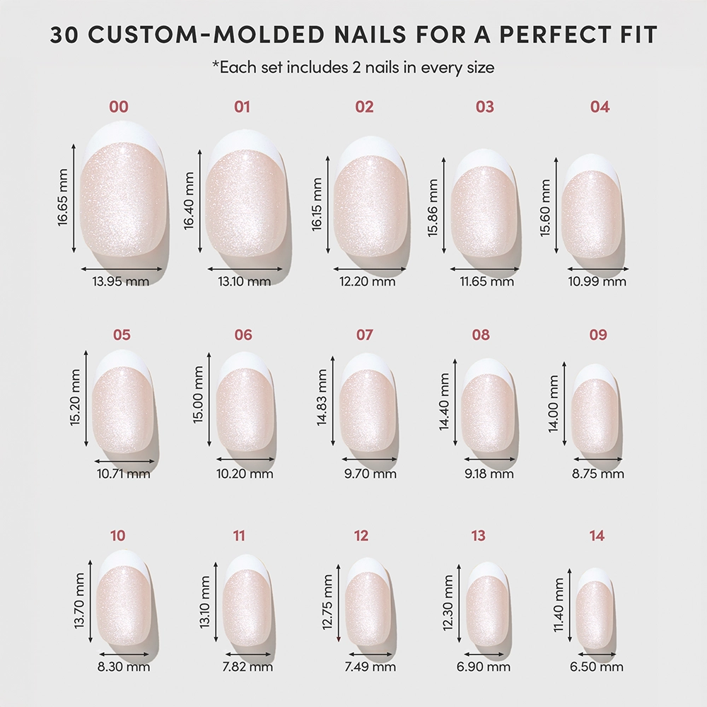 A chart displays 15 sizes of glamnetic Velvet French custom-molded press-on nails, labeled 00 to 14, with each nail shown individually alongside its length and width in millimeters for easy selection. - Product image