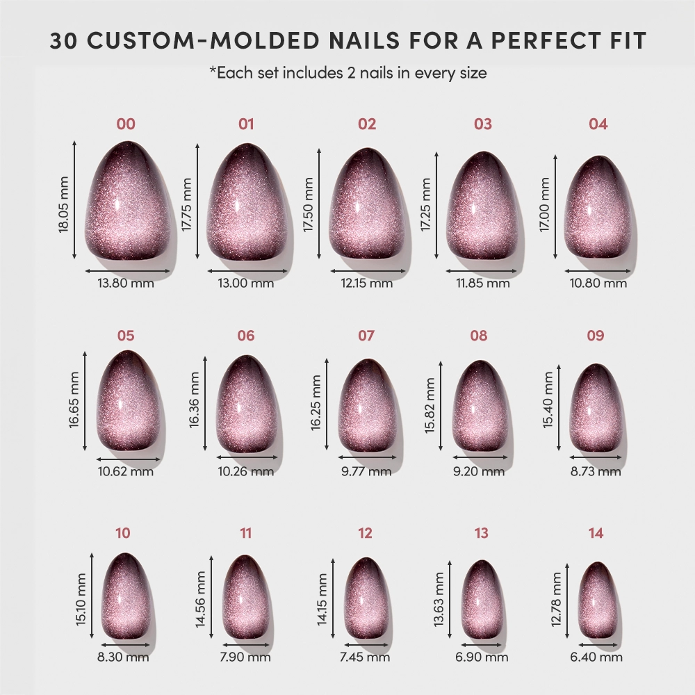 Thirty Velveteen Trance custom-molded pink press-on nails by glamnetic are displayed in a grid pattern against a light background, featuring sizes 00 to 14 with individual width and length measurements listed for each nail. - Product image
