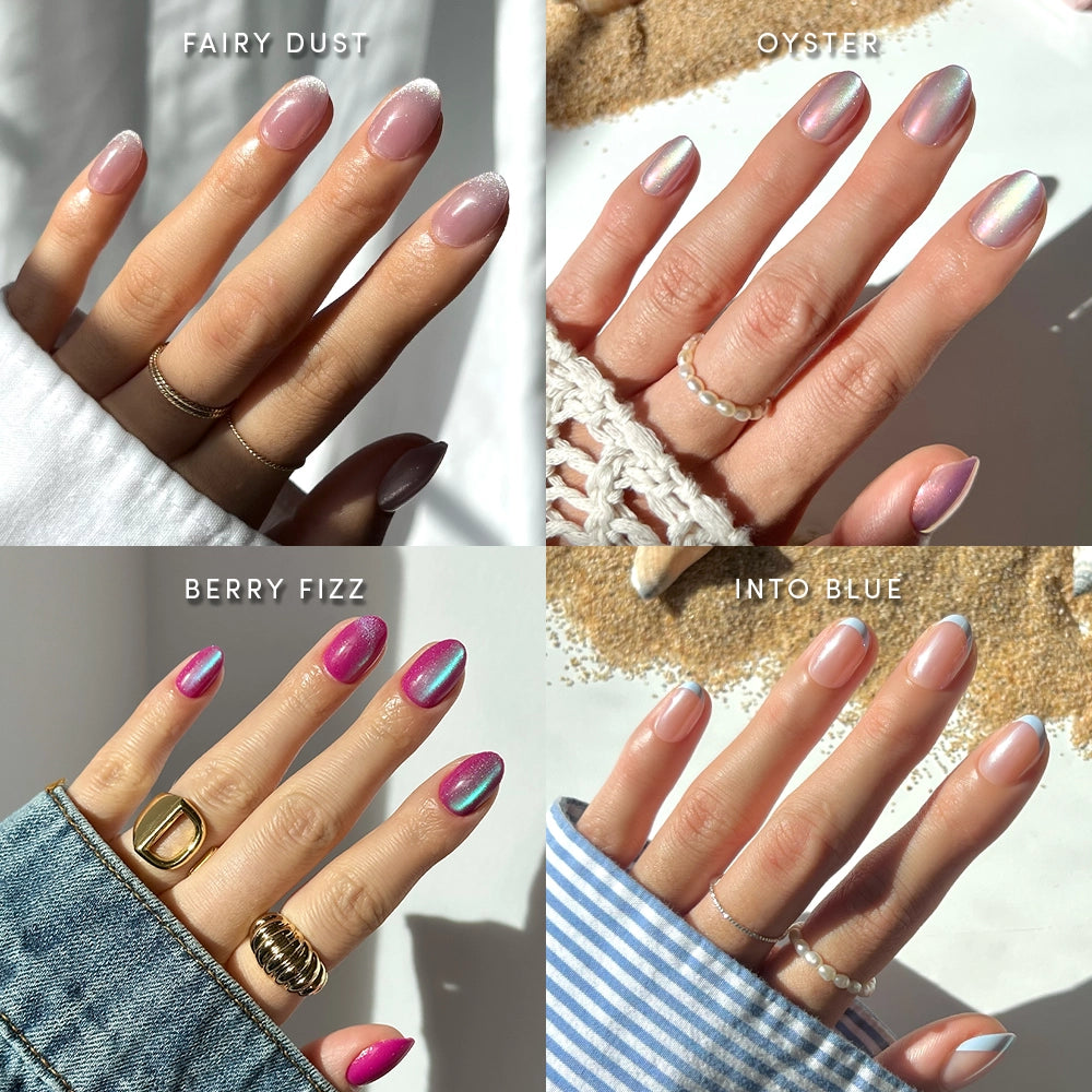 Four hands showcase manicured short oval nails in a range of standout colors: sheer pink with glitter (Fairy Dust) for a high-shimmer finish, pearly white-pink (Oyster), metallic purple-pink (Berry Fizz), and light blue at the tips (Into Blue). You can easily recreate these salon-inspired looks at home using glamnetic’s Light Work Ovals press-on nails.