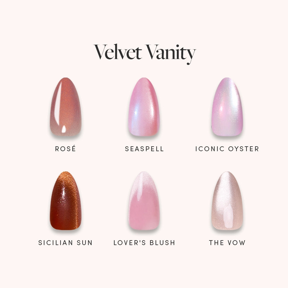 Six Velvet Vanity nail polish swatches by glamnetic are shown, labeled: Rosé (nude pink), Seashell (light blue-pink), Iconic Oyster (pearly white), Sicilian Sun (shimmery brown), Lover’s Blush (pale pink), and The Vow (soft champagne)—each shade perfect for a salon-quality mani. These stunning hues are ideal for short almond press-on nails, instantly elevating your look.