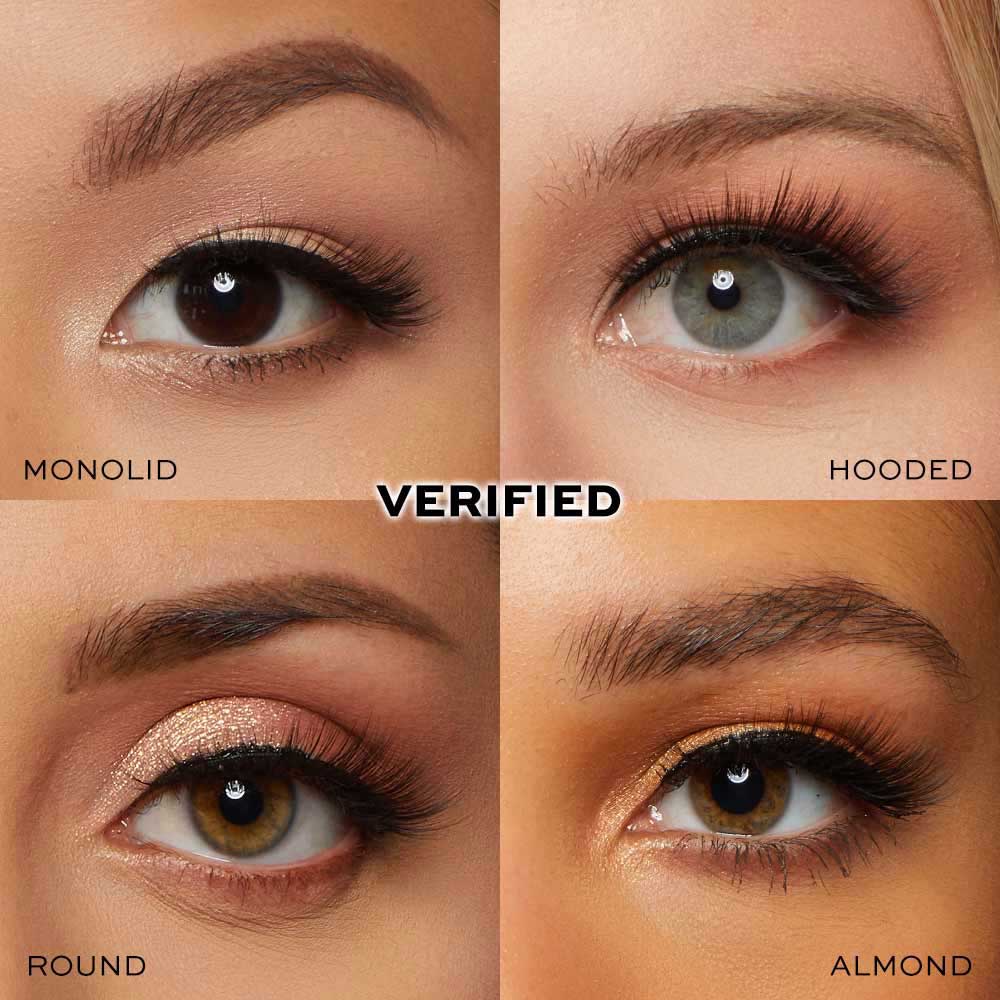 A collage of four close-up eyes—monolid, hooded, round, and almond—wears glamnetic’s Vivid Volume vegan-friendly lashes and makeup. Styled brows frame each eye as "Vivid Volume by glamnetic" is centered between them. - Product image