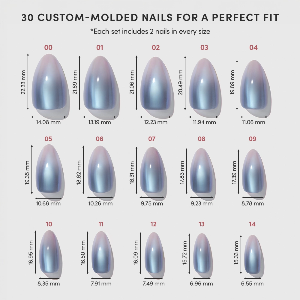 Here’s a rewritten version using your product data: A display of fifteen different nail sizes, each labeled from 00 to 14 and shown with precise width and length measurements in millimeters arranged in two rows. At the top, text highlights that the set includes 30 custom-molded glamnetic Vintage Silver nails for a perfect fit—ideal for achieving a flawless glazed nail look or wearing as elegant vintage silver press-ons. - Product image