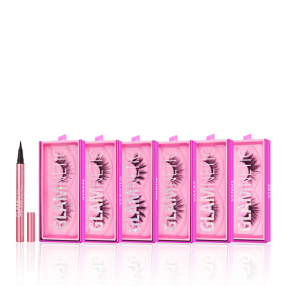 Six pairs of Vivid Volume faux mink lashes by glamnetic in pink boxes are lined up next to a pink eyeliner pen with its cap off, all on a white background. The packaging features glamnetic’s bold logo, highlighting these luxurious vegan-friendly lashes.