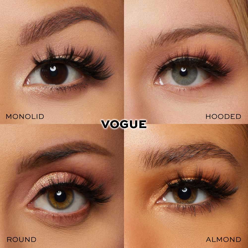 Four close-up images of eyes with voluminous lashes and bold makeup—monolid, hooded, round, and almond—showcase glamnetic’s Holiday Hottie. The word VOGUE appears in the center. - Product image