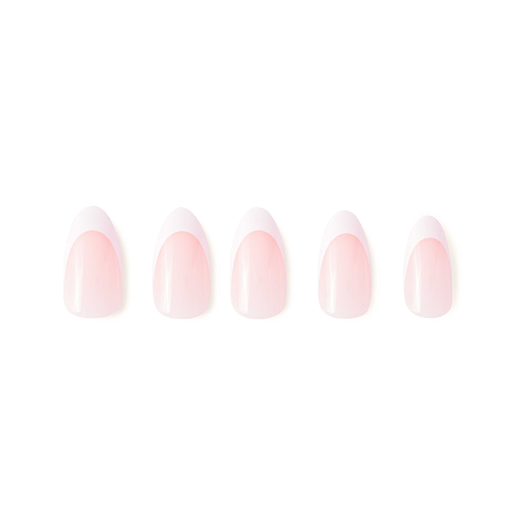 Five almond-shaped nails from glamnetics Ma Damn set are displayed in a row on a white background, each featuring a soft pink base and curved white tips for a modern French manicure look. - Product image