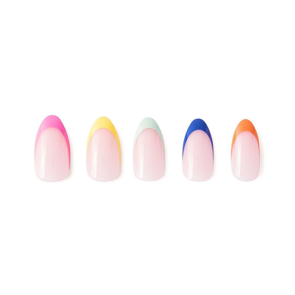 Five almond-shaped Sprinkles nails by glamnetic, with a pale pink, semi-transparent base and French tips in pink, yellow, mint green, blue, and orange, are arranged in a row on a white background. - Product image