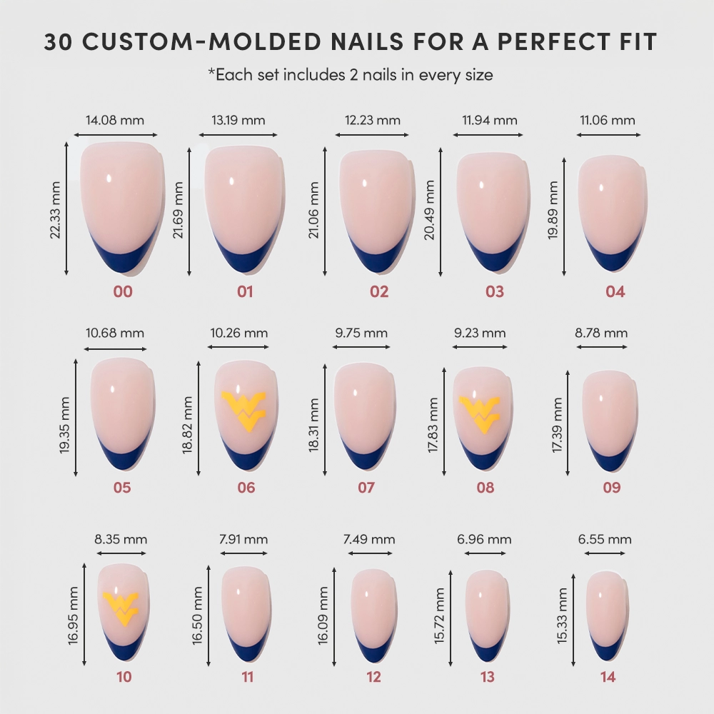 A chart shows 15 sizes of glamnetic's West Virginia Mountaineers Press-On Nail Set, each with a pink base and some with game-day designs in dark blue or yellow, plus precise width and length measurements for every nail. - Product image