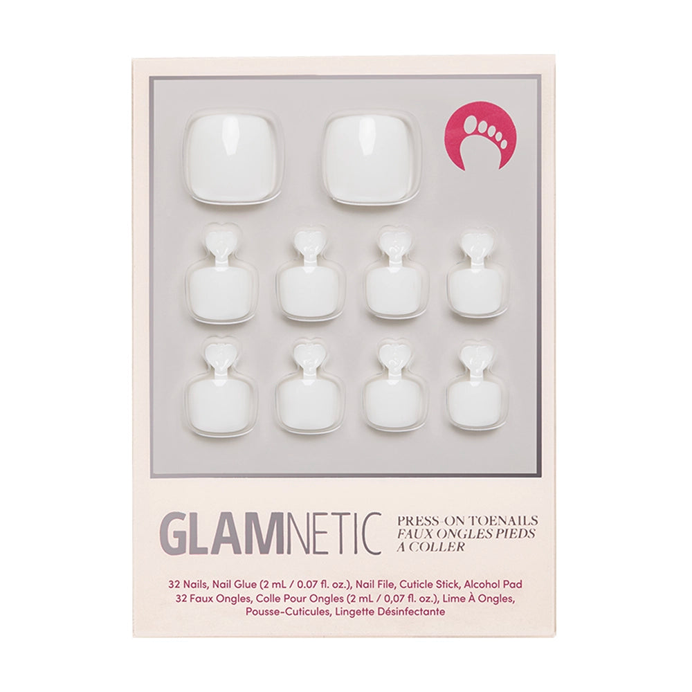 The glamnetic White Swan Toenail set includes 12 glossy toenails in assorted sizes, plus nail glue, a cuticle stick, a nail file, and an alcohol pad for easy application.