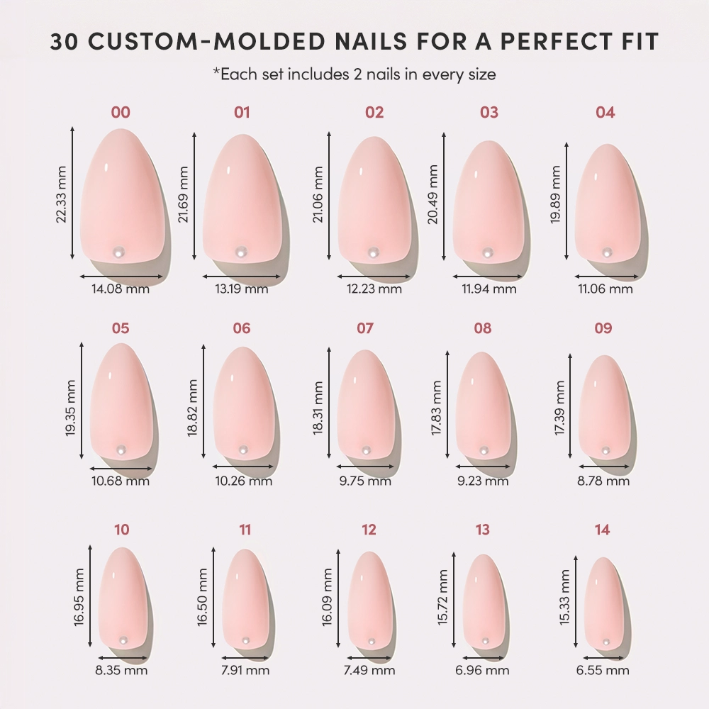 Chart displaying 15 custom-molded Wifey nails by glamnetic in pink, with precise millimeter measurements. Above: “30 salon-quality nails for a perfect fit.” Perfect for designing your own Wifey Nail Set. - Product image