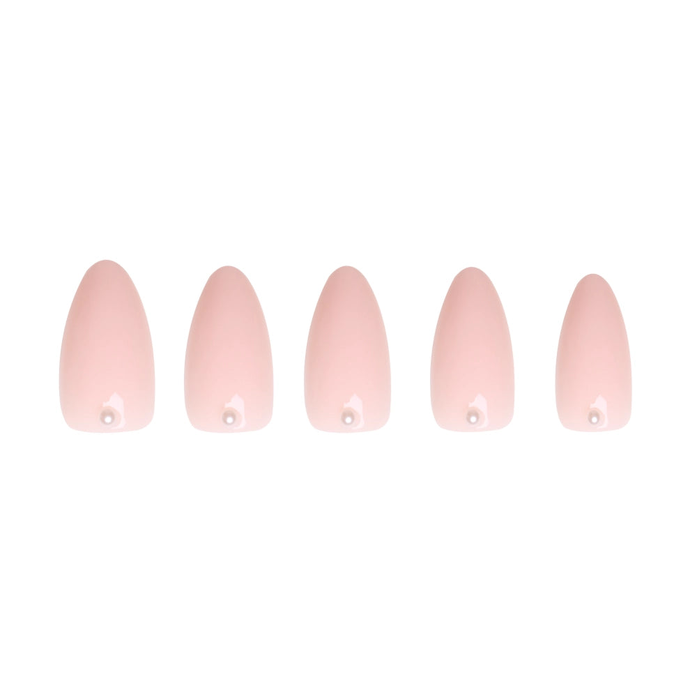 Five glamnetic Wifey press-on nails, salon-quality with a glossy light pink finish and 3D pearl accents near the cuticle, are arranged in a row against a white background. - Product image