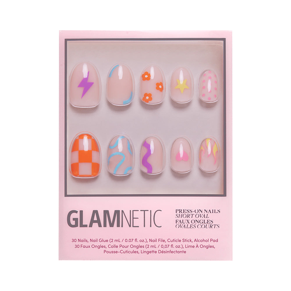The Wild Child by glamnetic features colorful short oval nails with a semi-transparent base and bold designs like lightning bolts, flowers, swirls, flames, and checkerboards. The set includes nail glue and nail care essentials.