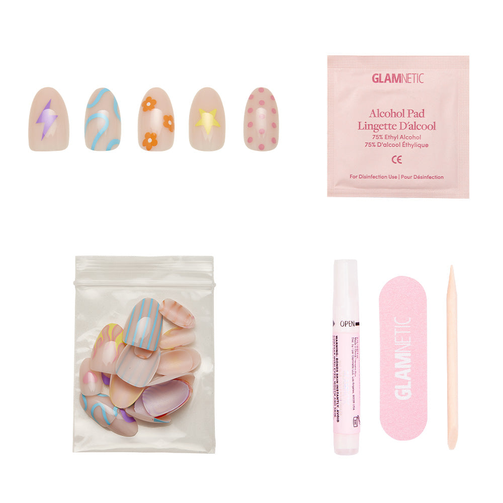 The Wild Child Nail Set by glamnetic includes five decorated short oval nails with a semi-transparent base, an alcohol pad, assorted nails in a zip bag, cuticle stick, pink nail file, and a nail glue pen—displayed on a white background. - Product image