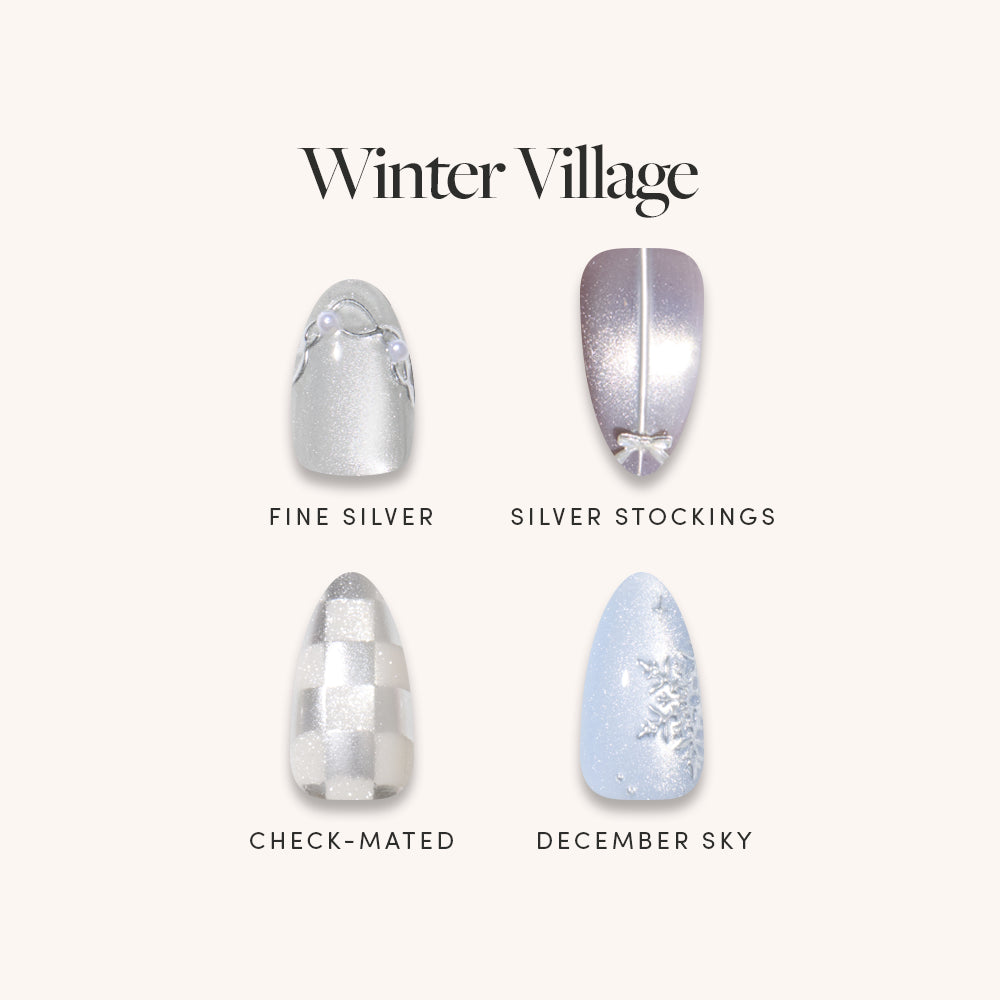 Introducing the Winter Village nail bundle from glamnetic, featuring four winter-inspired press-on nail designs: Fine Silver (pearls and silver polish), Silver Stockings (metallic silver with a white stripe and bow), Check-Mated (silver and white checkerboard), and December Sky (pale blue with a snowflake). Achieve a flawless, salon-quality manicure at home effortlessly with these easy-to-apply nails. - Product image