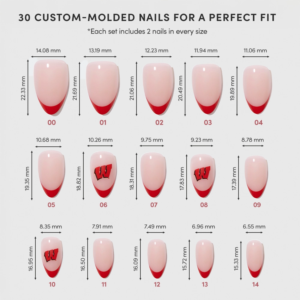 A chart showing 15 sizes of glamnetic Wisconsin Badgers Press-On Nail Set: custom-molded pink nails with red French tips and “W” logos on select nails, each labeled by width and length (mm). - Product image