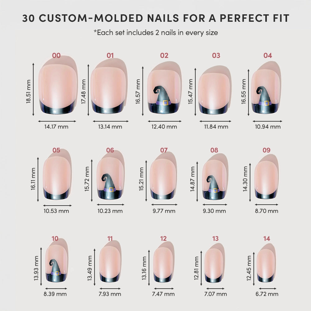 Chart showing 15 sizes of custom-molded press-on nails from the glamnetic Witchy Woman set, labeled 00–14. Each short squoval nail displays width and length measurements in millimeters, with each set including 2 press-on nails per size. - Product image