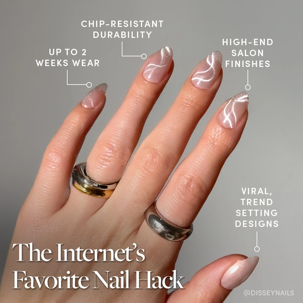 Hand with almond-shaped swirl nails labeled with annotations: "Chip-resistant durability," "Up to 2 weeks wear," "High-end salon finishes," and "Viral, trend-setting designs" with the caption “The Internet’s Favorite Nail Hack.” - Product image